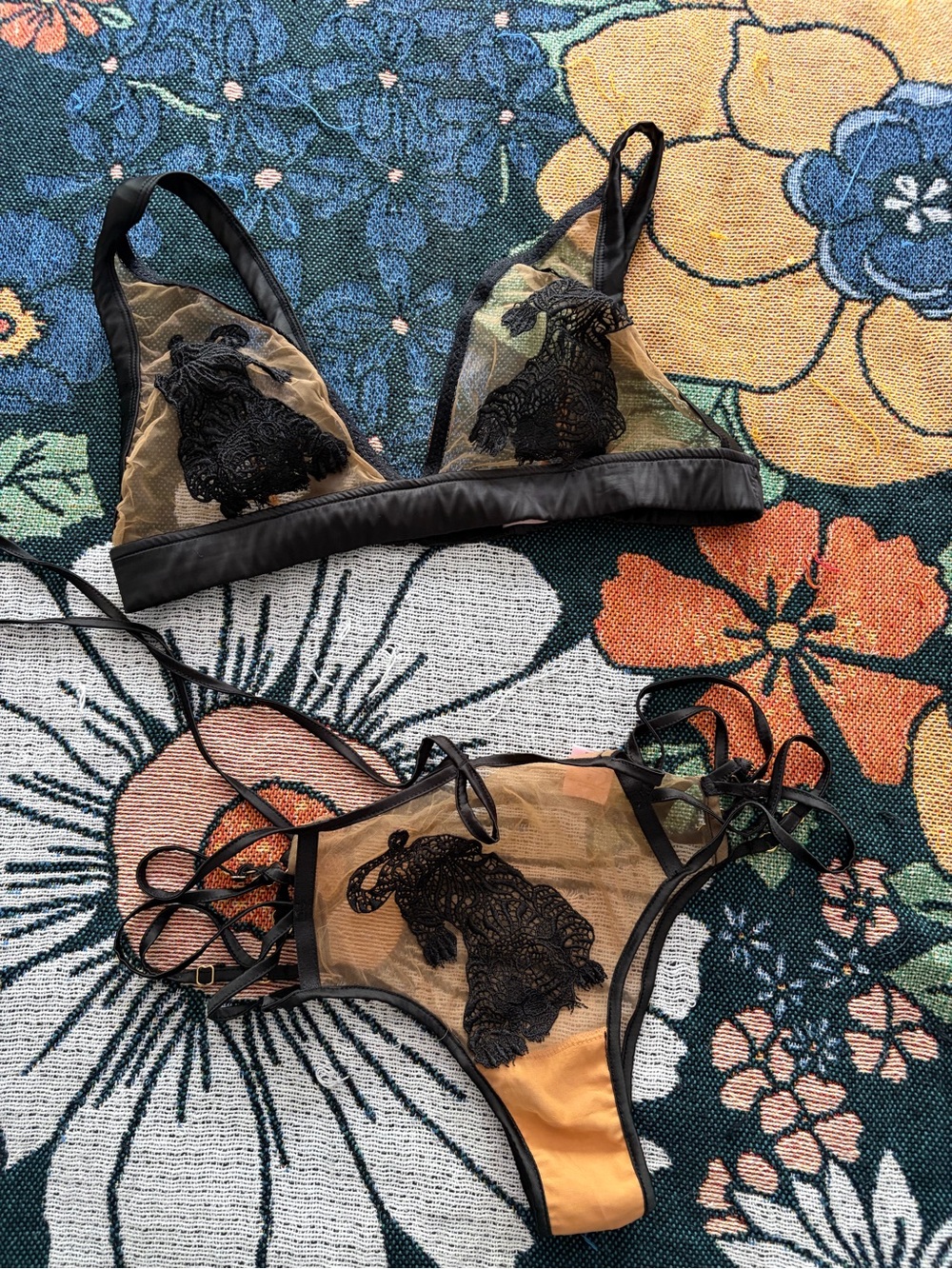 Empress Mimi Arigato Black Appliqué Lace Bralette Set with Tan Panels